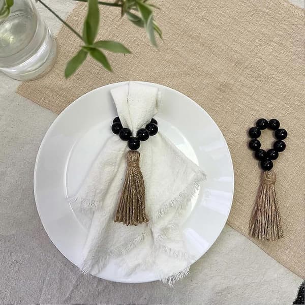 Servettringar Set om 12, Servettringar i trä, Elastiska servettringar i träpärlor i lantlig stil med tofs, Boho servettringar size