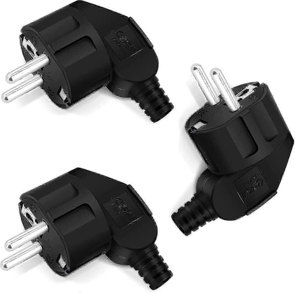 Schuko Angled Plug 3-pack, Grounded Plug with Bend Protection, Power Plug 250V (16A), Waterproof Angled Plug for Outdoor Use, For 8-10mm