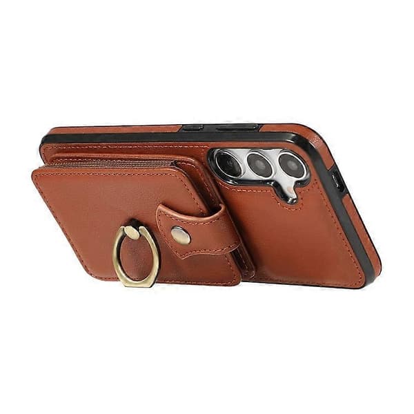 Kompatibelt deksel til Samsung Galaxy A56 5G med kortholder, ringstativ, TPU + PU-lær og lang stropp Brown