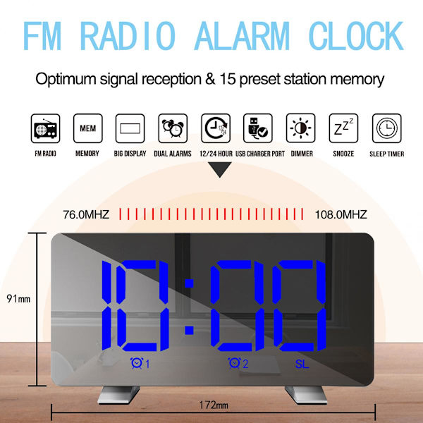 6-tums Bärbar Digital LED-skärm FM-klockradio för Hemmakontor Svart Blå