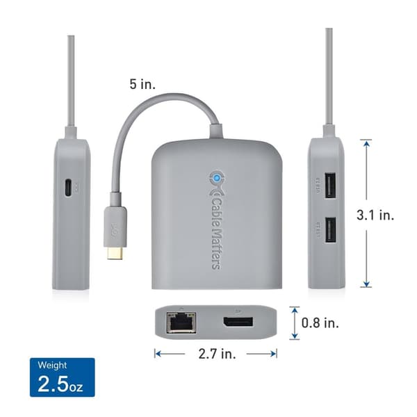 Cable Matters 1 til 5 Dockingstasjon 1xDP 4K60Hz, 1xRJ45 Ethernet 2xUSB-A 1xUSB-C PD 60W Works with Chromebook Certified grå gray