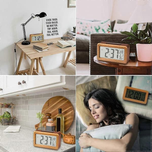 Stor træ LED digitalt vækkeur med snooze, 12/24 timers display