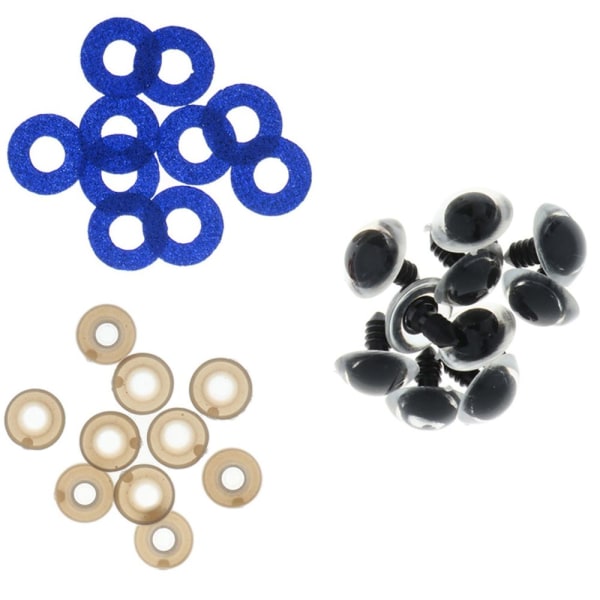 10 st Plast Säkerhetsleksaksögon + Glitter Nonwovens + Bricka 24mm Mörkblå