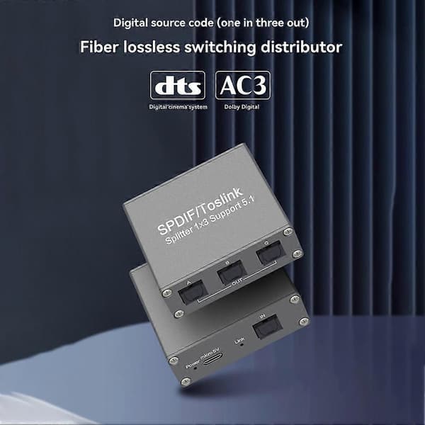 SPDIF Digital Audio Splitter 1x3 Toslink Optisk 3-vejs adapter understøtter LPCM 2.0 DTS -AC3 til /TV// Gray