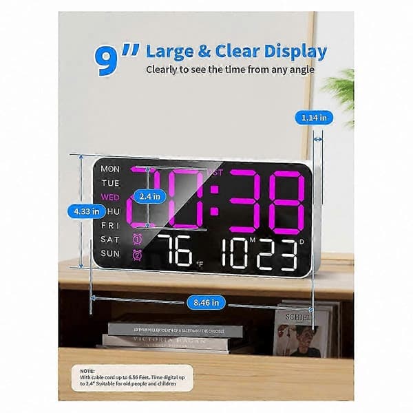 8,4 tommer stort digitalt vægur med LED-display og alarm