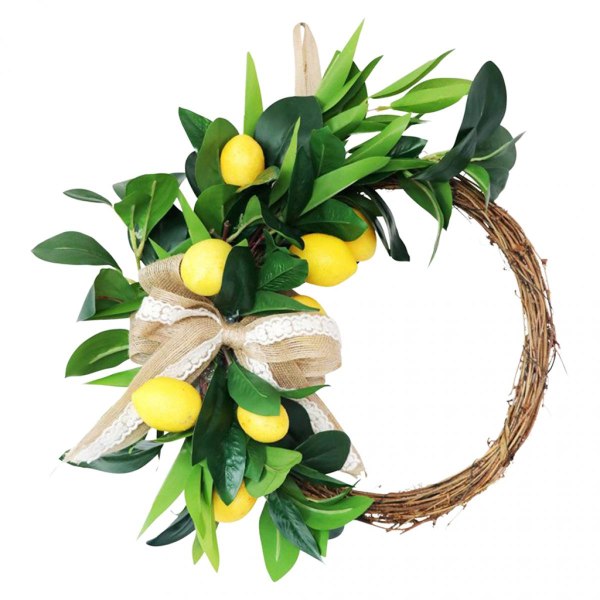 Konstgjord fruktkrans Ytterdörr Simulering Citron Stål Rottingring Gröna Löv Garland för Fest Semester Bröllopsbord Till