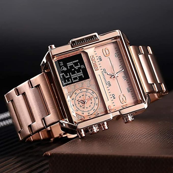 Digital watch för män , Led fyrkantig stor ansikte analog kvarts watch med vattentät stoppur i flera tidszoner Rose Gold Steel Band