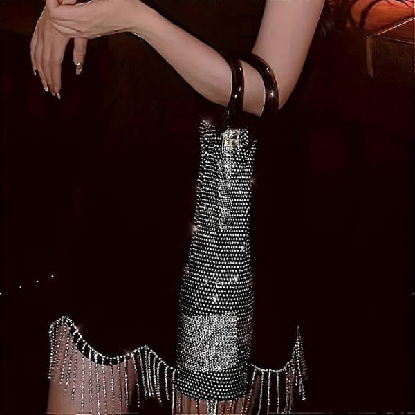 Glinsende Rhinestone Kvelds Vinpose, Elastisk Netthåndtak, Glitrende Gjenbrukbar Håndveske for Bryllup Bursdagsfest Black