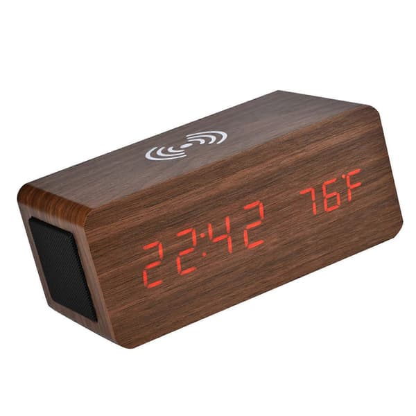 [RM]LED Mirror Clock Bluetooth Speaker 3-Group Alarm with Wireless Charging - Brown Wood Red Light