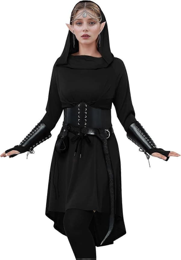 [RM] 10 stk. middelalder- og renæssance-kostumesæt til kvinder, middelalderkappe med hætte, elver-tilbehør til Halloween-cosplay Black Small