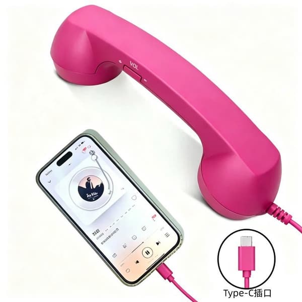 [RM]USB-C Retro Phone Handset for Mobile Phones - Plug & Play Receiver Radiation Safe Comfortable Calling for iPhone & Android [DB] Black Rose-pink