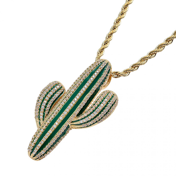 18K Guld Cubic Zirconia Berlocker Kaktus Hänge Halsband Hiphop Smycken Gyllene