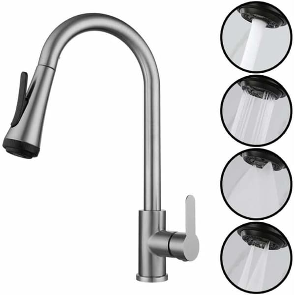 [RM] Kitchen Faucet with Pull-Out Spout 4 Modes - Single-Handle Mixer - Stainless Steel - Modern Design - With Silver Spray KLB