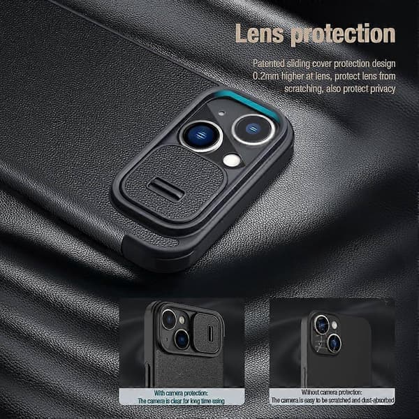 NILLKIN Qin Pro-serien for iPhone 14 iPhone 13 Fullstendig beskyttelse Telefondeksel med skyvbart linsedeksel PU