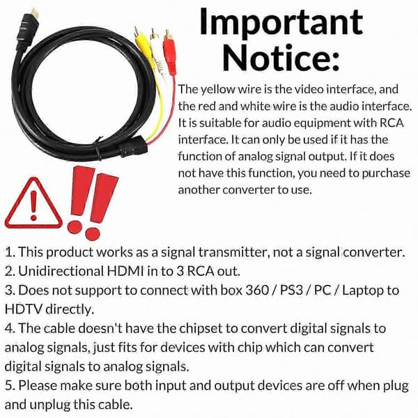 HDMI til RCA AV-adapterkabel, 1,5M HD Audio Video Converter-kabel til TV, 1080P han til 3 RCA-forbindelse, 1,5 m længde