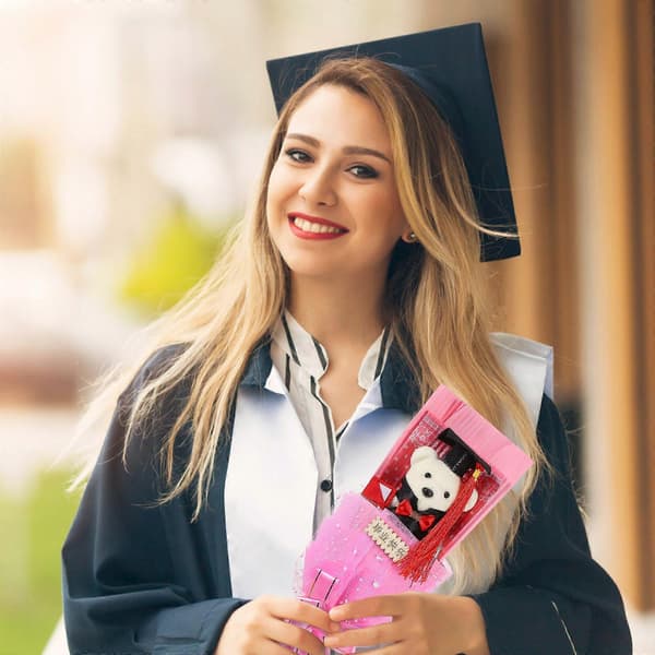 [RM]Chic Graduation Bear Doll Bouquet Lovely Gift for Gift 2Pcs Pink