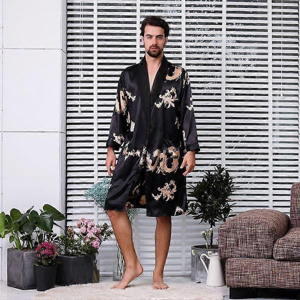 Satinrock för män med shorts - Nattlinne Mjuka tryckta badrockar Pyjamas M
