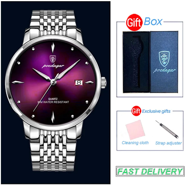 POEDAGAR Ultratynn Herre Kvarts Armbåndsur Vanntett Luksusmerke Selvlysende Klokke Mann Rustfritt Stål Casual Gave purple and box