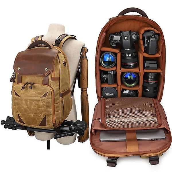 Kameraväska Vattentät Retro Batik Canvas Läderryggsäck med USB portpassform 15,4 tum Laptop Män Fotografiväskor
