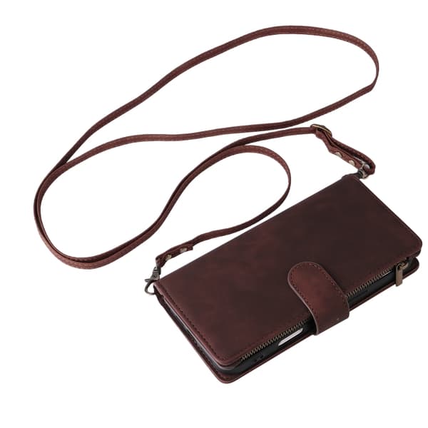 [RM]iPhone 16 Pro Max Case - Crossbody Case with Multiple Card Slots and Zipper Kaffe