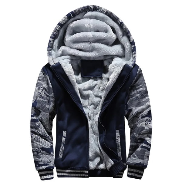 Herrjacka Kamouflage Tjock Vinterjacka för Män Fleece Långärmad Kappa Man Casual Huvtröjor Streetwear Herrrockar Navy Blue L