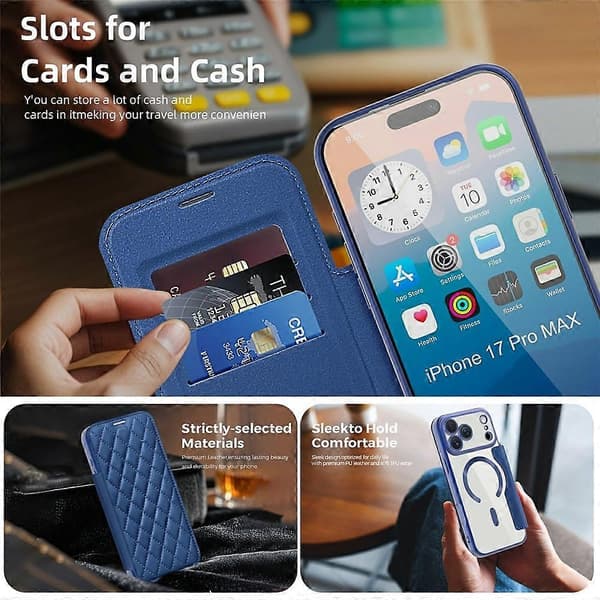 [RM] Kompatibelt etui til iPhone 17 Pro Max, kompatibelt med MagSafe, rombeformet PU-lædercover Azure