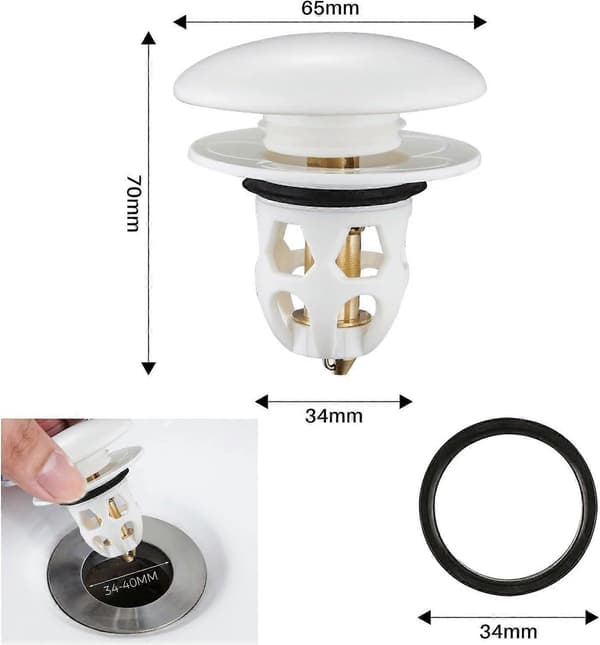 Stykker Universal Pop Up Vaskepropp, Badekarstopper for Kjøkkenvask, Egnet for 34-40 mm Avløpshull, Hvit