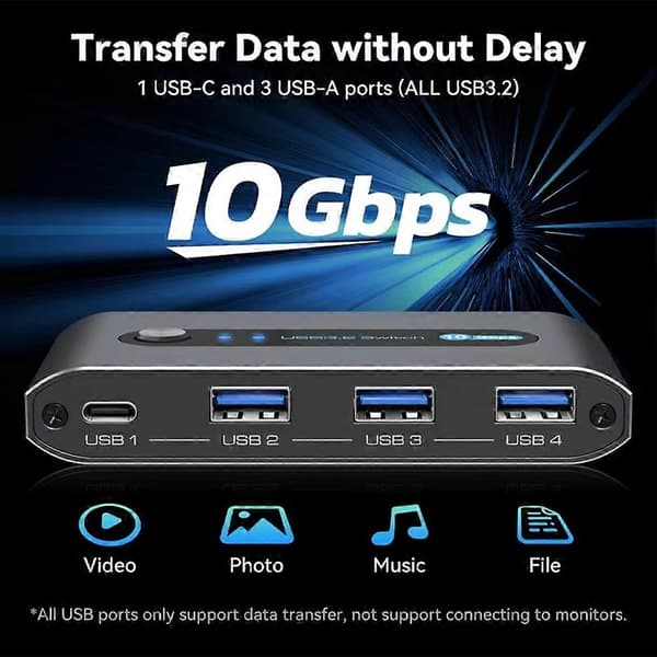USB-switcher 2 computere deler 4 USB 3.2-enheder 10 Gbps USB C-switcher til tastatur, mus, printer