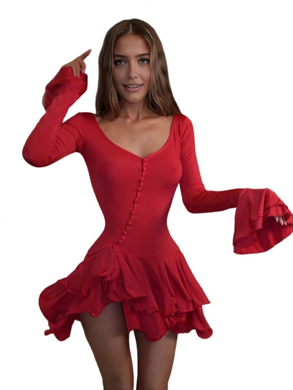 Dam Långärmade Klänningar Djup V-ringning Utsvängd Volangklänning Bodycon Party Miniklänningar Röd One Size Red One size