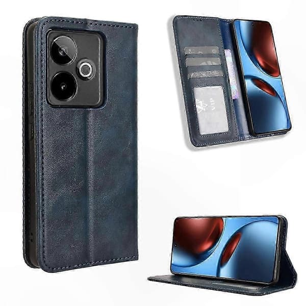 Retro Textur Läder Plånboksfodral Kompatibelt med Realme GT7 5G Kina Modell Telefonfodral med Stativfunktion Blue