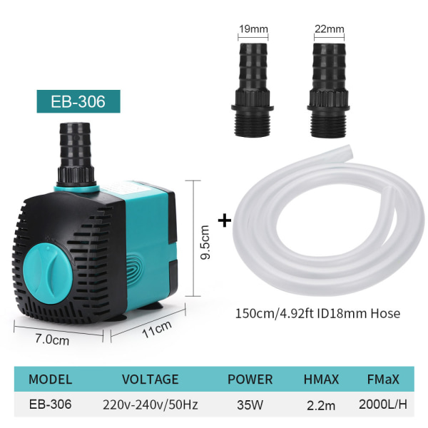 Ultratyst Sänkbar Vattenfontänpump Filter Fiskdamm Akvarium Vattenpump Tank Fontän 110V-240V EB-306 35w