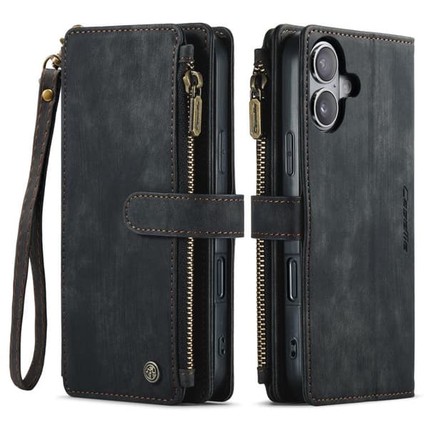 [RM]iPhone 17 Case Leather Case with Card Slots and Zipper Svart