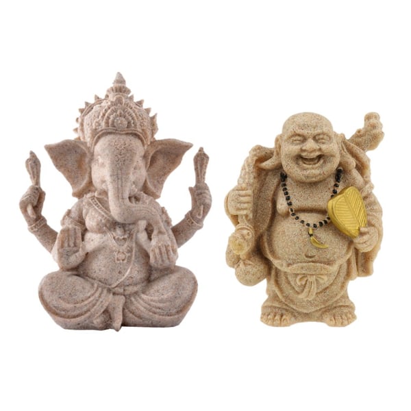 Handhuggen sandsten Sittande Ganesh Buddha Hinduisk gudomsstatyfigur 2 delar