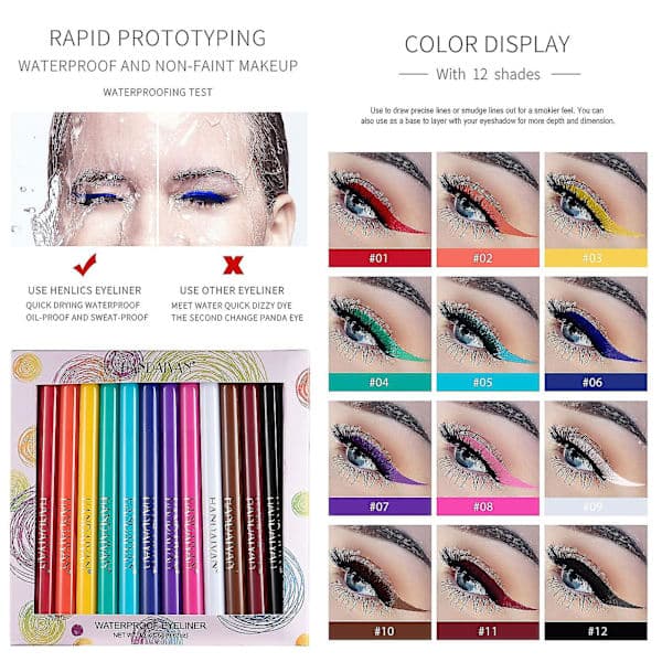 [RM]12-pack Matte Rainbow Liquid Eyeliner Set, Waterproof Highly Pigmented Eyeliner Pencil Set