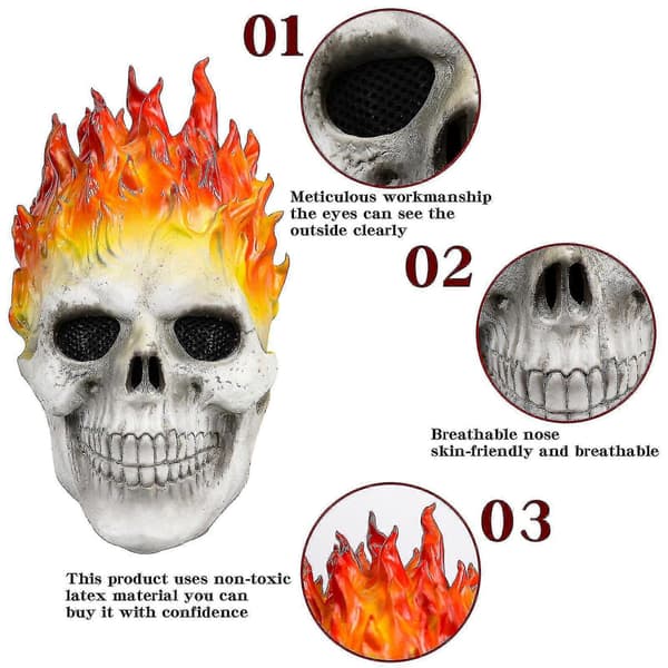 Halloween Ghost Rider Flame Skull Mask, Horror Ghost Full Face Latex Cosplay Kostymrekvisita