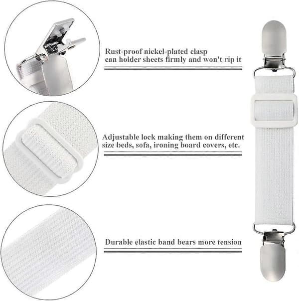 Elastisk lakenholder, 4 stk. lakenklemmer for sovesofa, hvit, 16*2,5 cm, polyestermateriale