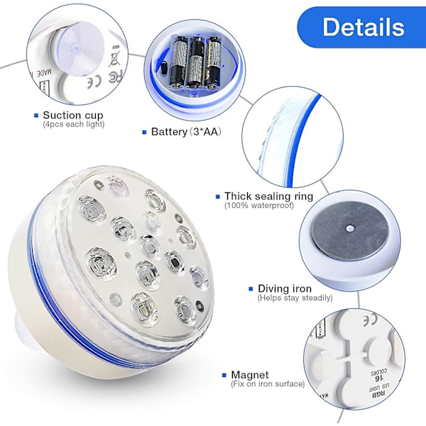 Sänkbara LED-lampor med magnet, IP68 vattentäta undervattenspool LED-lampor med 13 lysdioder, 4 sugkoppar och 50 m RF-fjärrkontroll, batteridriven