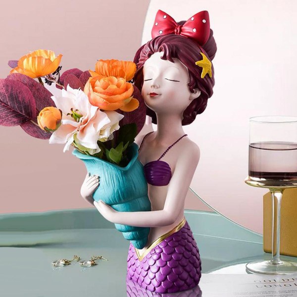 Söt flicka torr blomvas harts Desktop hemmakontor Skulptur Mermaid_purple
