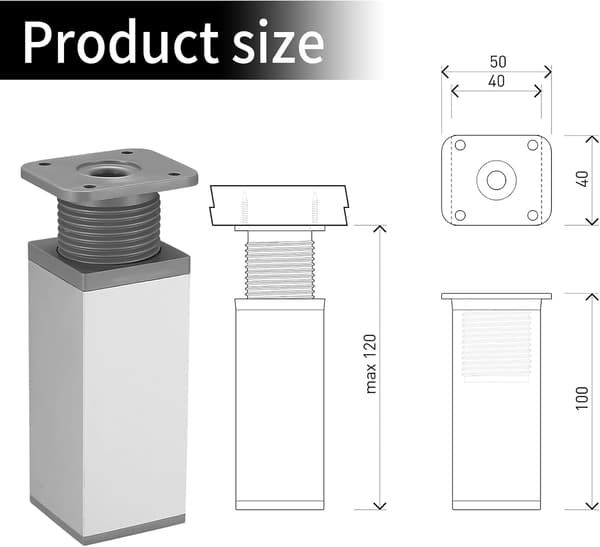 [RM]4 Pcs. Adjustable Cabinet Legs, Height Adjustable 0-20mm Table Legs, Kitchen Sofa Furniture Adjustable Feet, Silver (10cm) Silver Silver 10cm