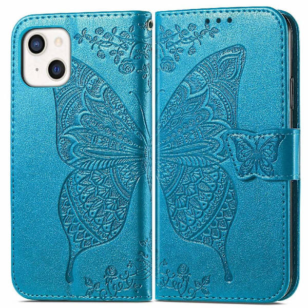 iPhone 13 - Læderetui med sommerfugleprint - Blå 40