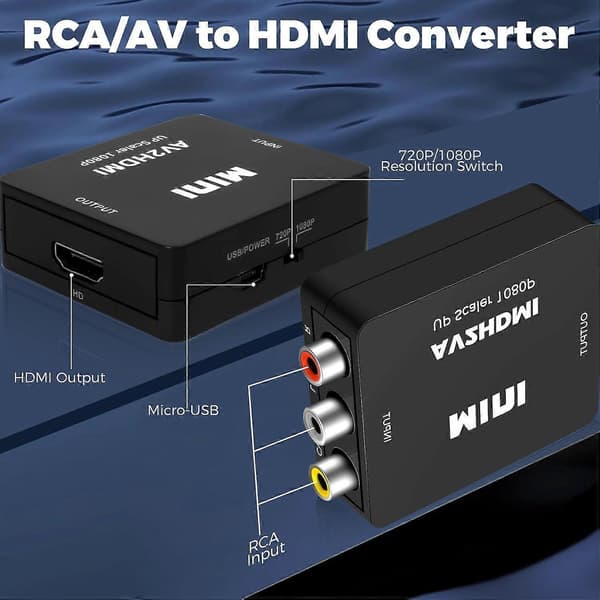 RCA til HDMI-konverter, AV til HDMI-adapter, 1080P CVBS RCA komposit lyd-videokonverter med USB-strømkabel til kamera/PS2