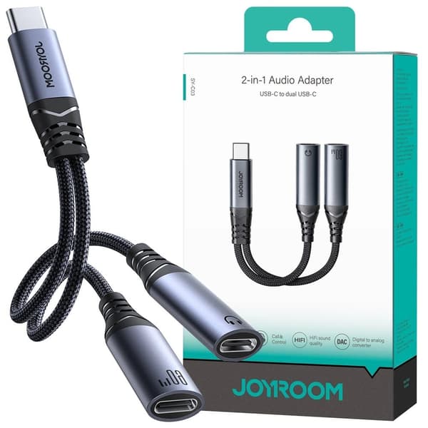 Joyroom SY-C03 USB-C til 2x USB-C 2-i-1 DAC-adapter - sort