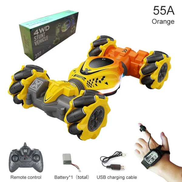 4WD RC Bil Leksak 2.4G Radio Fjärrkontroll Bilar RC Klocka Gest Sensor Rotation Twist Stunt Drift Fordonsleksak för Barn Orange TWO RC 1B