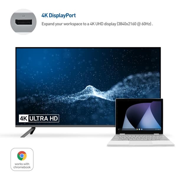 Cable Matters 1 til 5 Dockingstasjon 1xDP 4K60Hz, 1xRJ45 Ethernet 2xUSB-A 1xUSB-C PD 60W Works with Chromebook Certified grå gray