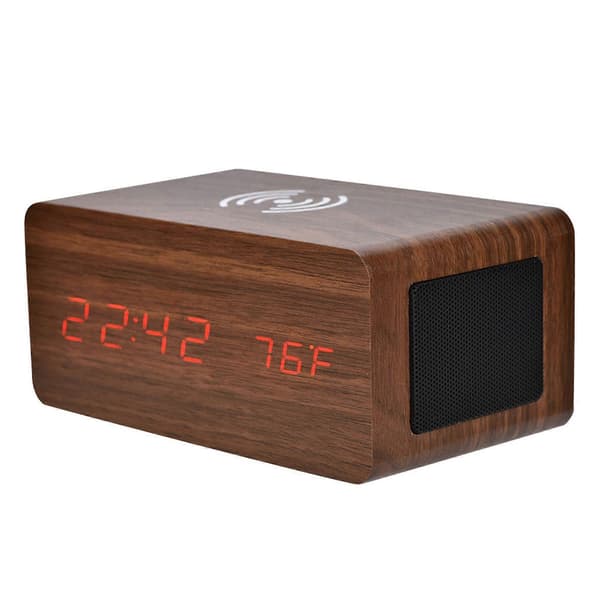 [RM]LED Mirror Clock Bluetooth Speaker 3-Group Alarm with Wireless Charging - Brown Wood Red Light