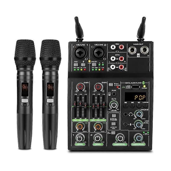 4-kanals lydmikserkonsoll Lydmiksing med trådløs mikrofon USB Bluetooth Reverb-mikrofon