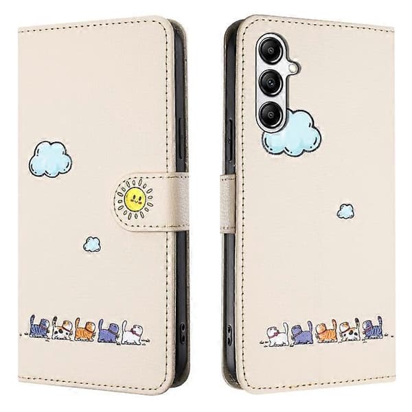 Till Samsung Galaxy S23 FE 5G Tecknade Katter Läderfodral Beige White