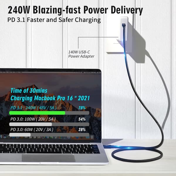 NÖRDIC 2m Thunderbolt 5 cable 80Gbps data transfer 240W charging 120Gbps bandwidth 16K60Hz 8K60Hz 4K540Hz
