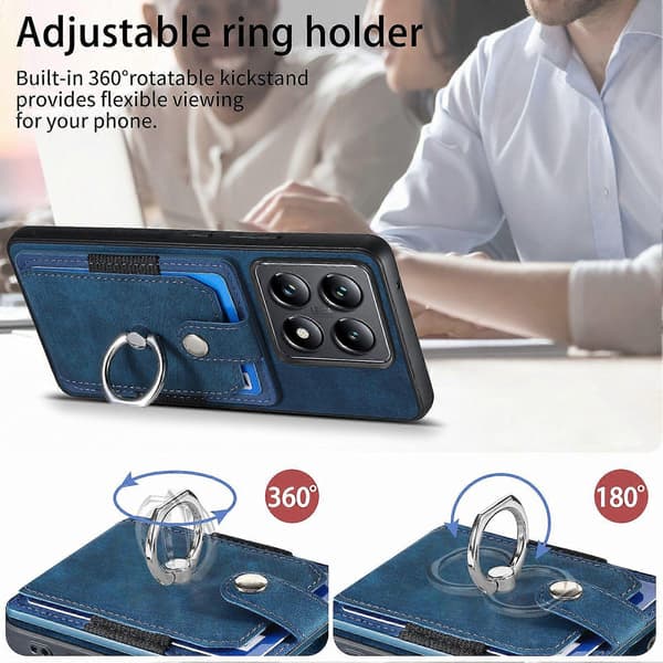 Mobilskal för Xiaomi 14T Pro Läderbaksida med kortfack och stativ Blue