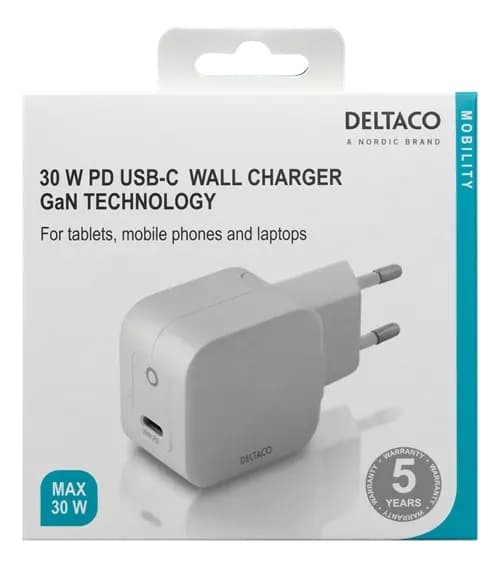 [RM]Deltaco seinälaturi USB-C PD, GaN, 30W - Vit